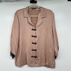 Natori Blush Satin Pajama Top with Black Lace